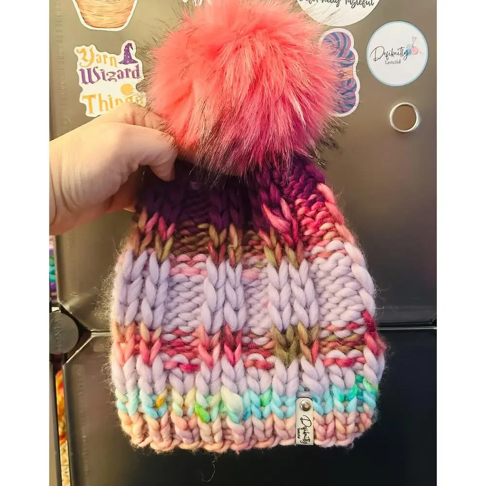 Handmade Neon Merino Wool Beanie: Colorful Winter Hat with Faux Fur Pom